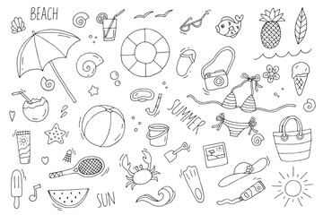 Set of elements on a summer theme. Vacation, sea, beach, rest. Doodle. Vector. Hand-drawn illustration. Coloring. Black and white outline. Silhouette.
