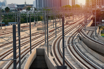 Train rails in city landscape. railway along the city.
