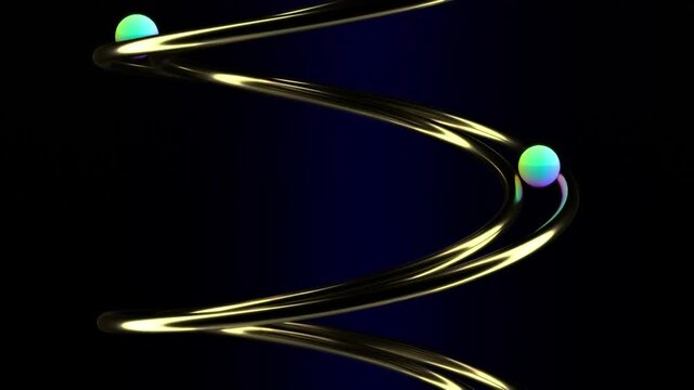 3D animation glowing balls rolling in a golden spiral on a blue background. Looping motion, magical look