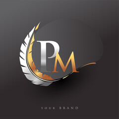 Initial letter PM logo with Feather Gold And Silver Color, Simple and Clean Design For Company Name. Vector Logo for Business and Company. - obrazy, fototapety, plakaty