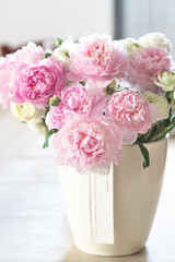 Beautiful bouquet of pink peonies. Floral shop concept . Beautiful fresh cut bouquet