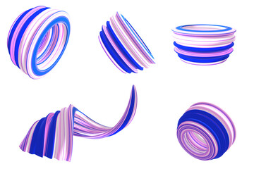 Sets of 3D abstract rings and line model with color lines (white, pink, blue) on the white background.