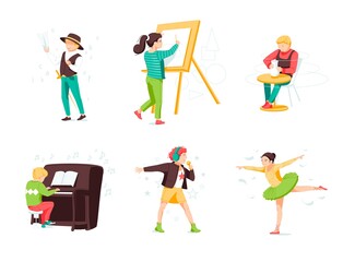 World of childhood flat vector illustrations set. Kids cartoon characters playing piano, drawing,  sculprt, singing, ballet dancing, play in theater. Children dreams and imagination