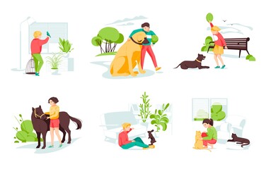 Set with kids taking care of wild and pet animals. Vector illustration in the flat cartoon style.