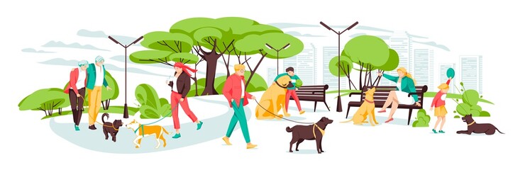 Obraz na płótnie Canvas People walking with dogs in urban park. Vector landscape in cartoon style. Urban park with dog and people walk illustration