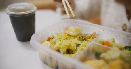 Take away box with thai cuisine, fry rices