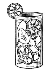Hand drawing line art ink illustration of cocktail. Mojito drink in glass. Retro style. For menu, poster, card, print