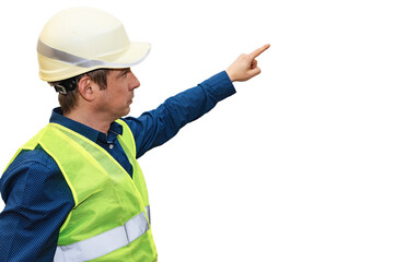 A man in a construction helmet on a white isolated background points with his hand into the distance. The foreman. Builder. Engineer.