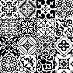 Set of 16 tiles Azulejos in black, white. Original traditional Portuguese and Spain decor. Seamless patchwork tile with Victorian motives. Ceramic tile in talavera style. Gaudi mosaic. Vector