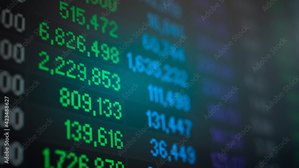 Poster stock market data on digital led display. fundamental and technical analysis with candle stick graph