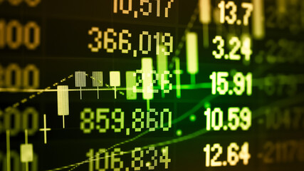 Fototapeta premium Stock market data on digital LED display. Fundamental and technical analysis with candle stick graph chart of stock market trading to represent about Bullish and Bearish point.