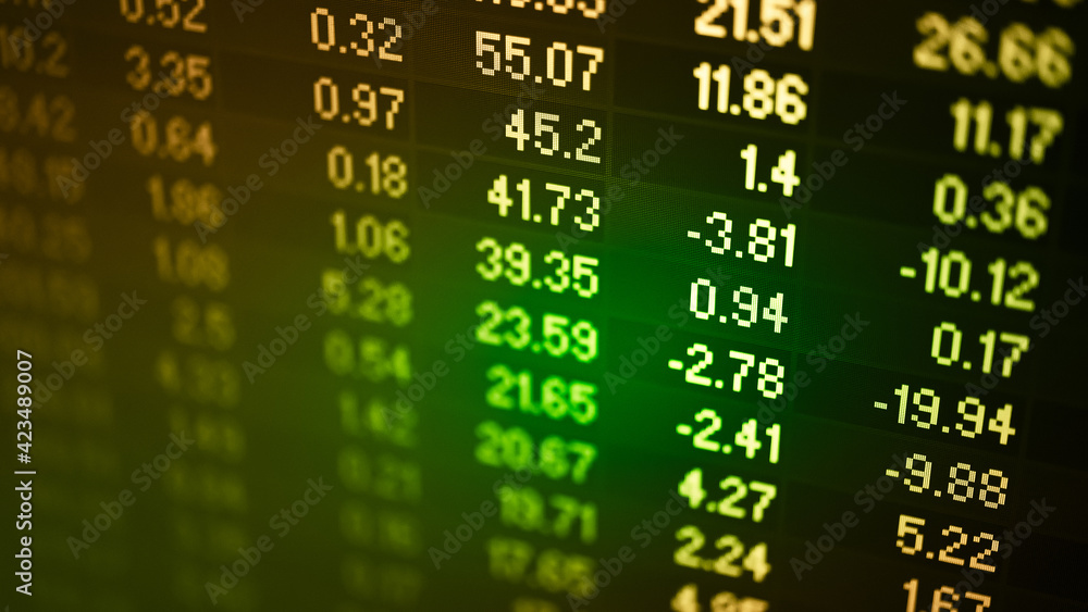 Poster stock market data on digital led display. fundamental and technical analysis with candle stick graph