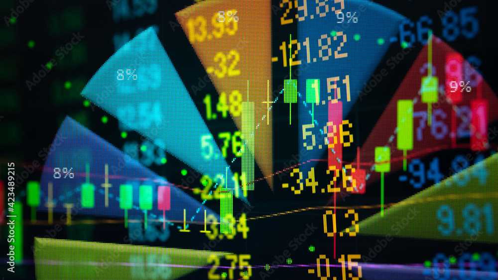 Poster stock market data on digital led display. fundamental and technical analysis with candle stick graph