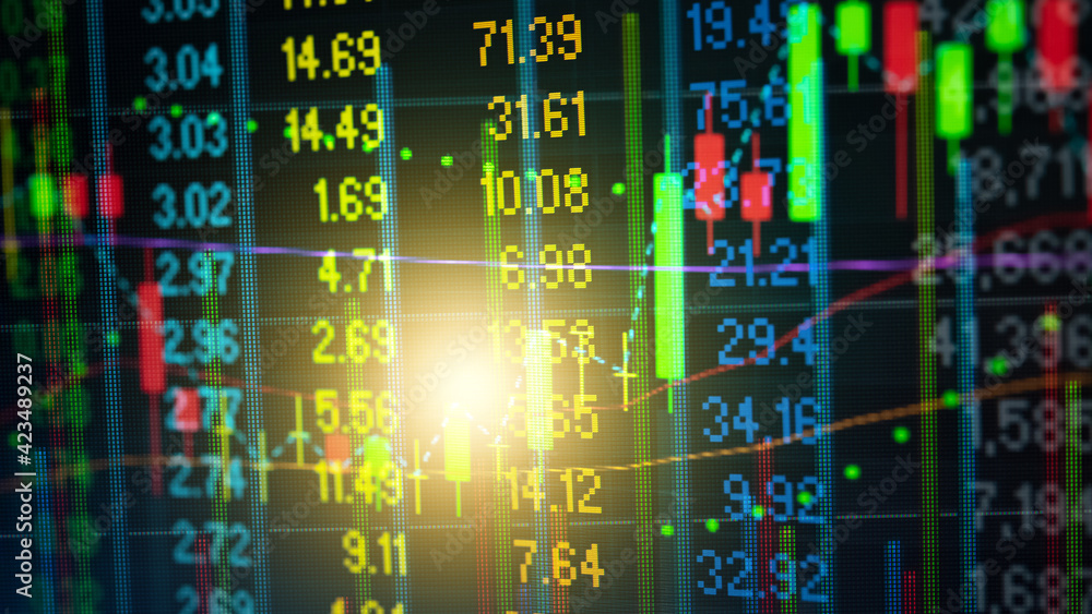 Poster stock market data on digital led display. fundamental and technical analysis with candle stick graph