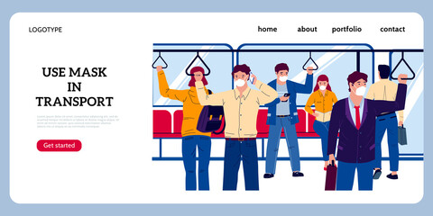 Public transport landing page. Crowd in subway or bus wearing protective masks. Website interface. Covid disease precaution. Prevention of infectious illnesses. Vector people travel by train