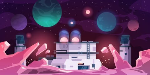 Alien colony. Astronaut base on stranger planet. Cartoon landscape with futuristic constructions. Scientific laboratory for space exploration. Vector extraterrestrial cosmic panorama © SpicyTruffel