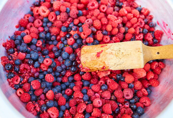 Raspberries and Blackcurrants in a bowl with a pusher