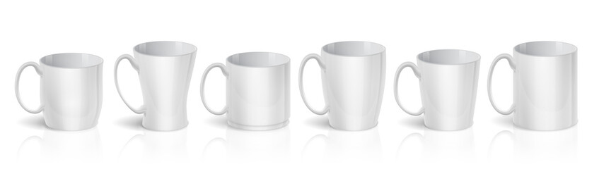 Realistic cups. 3D white mugs. Types set of blank ceramic teacups. Isolated tableware for drinking coffee or tea. Row of empty dishes. Vector porcelain crockery for corporate identity