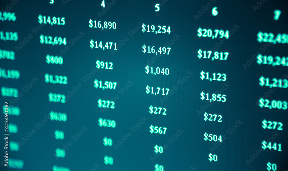 Poster financial data in term of a digital prices on led display. a number of daily market price and quotat