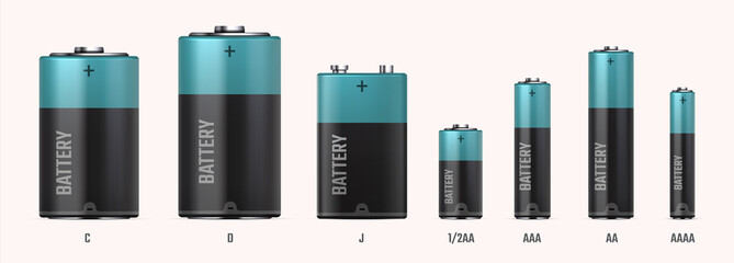 Battery types. Realistic electric alkaline cells. 3D different size or capacity accumulators in row. Black cylinders with blue stripe. Tools for charging electrical devices, vector set - obrazy, fototapety, plakaty