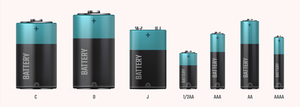 Battery types. Realistic electric alkaline cells. 3D different size or capacity accumulators in row. Black cylinders with blue stripe. Tools for charging electrical devices, vector set
