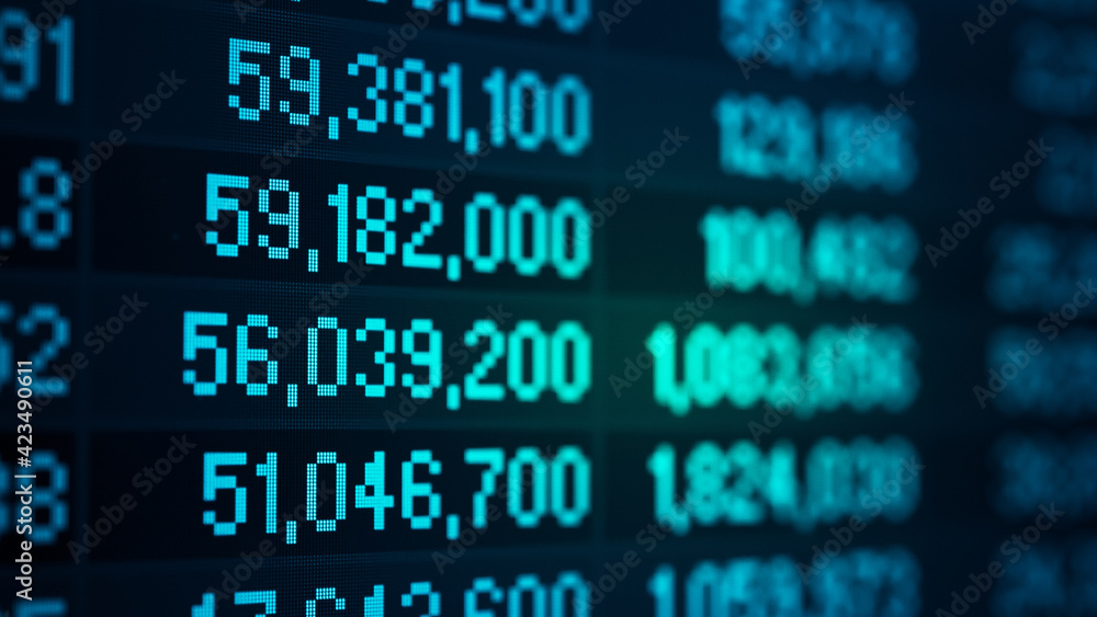 Poster financial data in term of a digital prices on led display. a number of daily market price and quotat