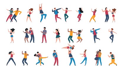 Fototapeta na wymiar Dancing pairs. People dance alone, couples having fun at disco party. Dancers move to music in club or musical festival. Happy characters perform choreographic movements, vector set