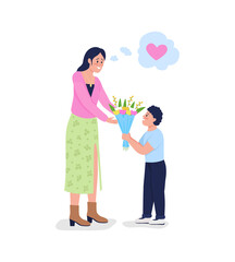 Son giving mother flowers flat color vector detailed characters. Boy surprising smiling mom with bouquet. Mothers day isolated cartoon illustration for web graphic design and animation