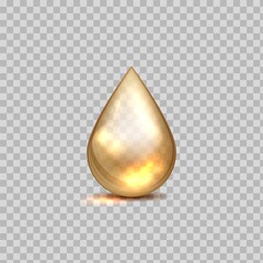 Gold oil drop. Petrol golden droplet. 3D falling blob on transparent background. Shiny liquid cosmetic essence or yellow honey. Gasoline drip mockup. Vector translucent beauty serum
