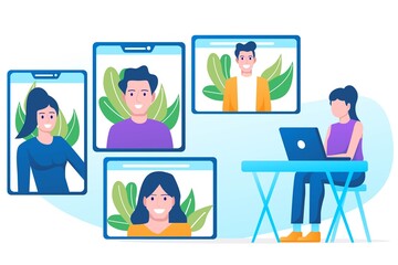 Video conference illustration. People on computer screen taking with colleague. Videoconferencing and online meeting workspace vector page