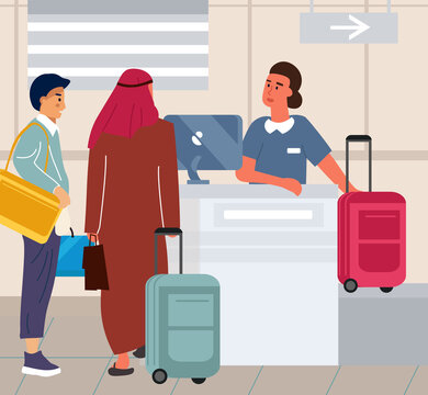 Tourists at airport check in luggage. Travel by aircraft. People hand over baggage before boarding airplane. Multiethnic passengers waiting for departure in queue. Vector illustration