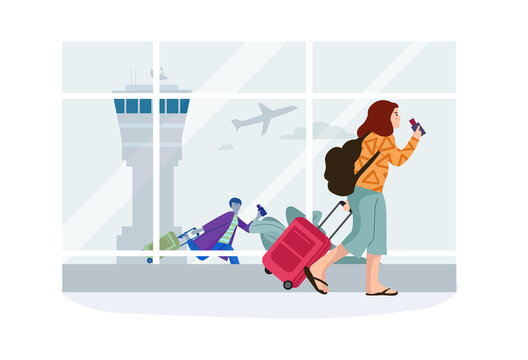 Women in airport. Cartoon passenger rolls suitcase on wheels. Female with tickets going to board. Character carrying luggage to departure terminal. Travel by airplane, vector illustration