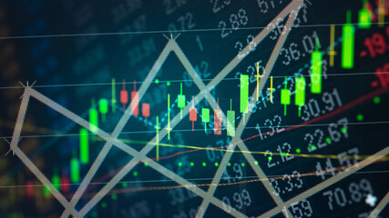 Financial data in term of a digital prices on LED display. A number of daily market price and quotation of prices chart to represent candle stick tracking in Forex trading.
