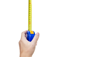 Human hand with tape measure isolated on white background with clipping path