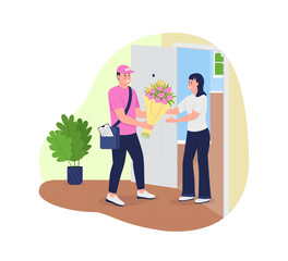 Bouquet delivery to home 2D vector web banner, poster. Happy caucasian courier and smiling woman flat characters on cartoon background. Flower gift printable patch, colorful web element