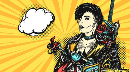 Punk girl and speech bubble. Pop art retro comic style. Rock woman musician. Street music culture. Vector colorful background