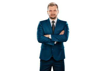 Man, businessman in business suit isolated on white background. The concept of great success in career, luck, business.