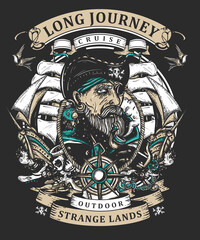 Old sea wolf pirate and ships. Marine adventure vintage t-shirt design. Tattoo style. Cartoon character. Symbol of ocean adventure, treasure island. Crime sailor man portrait