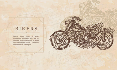 Bikers. Burning motorcycle, rider sport style. Renaissance background. Medieval manuscript, engraving art