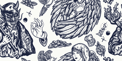 Angel And Demon Religious Seamless Pattern Old School Tattoo Vector Art Good And Evil Concept Terrible Satan With Pitchforks And Holy Nun Sin And Holiness Paradise And Hell Art Wall Mural Intueri