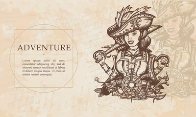 Adventure. Pirate girl. Crime sailor woman portrait, pin up style. Sea wolf, female. Sabres, guns, gold coins, compass. Renaissance background. Medieval manuscript, engraving art