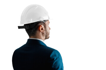 A man in a business suit, an architect with a white helmet on his head close-up, isolated on a white background. The concept of architecture, construction, blueprints, plan.