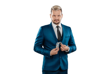 Man, businessman in a business suit holds dollars in his hands isolated on a white background. The...