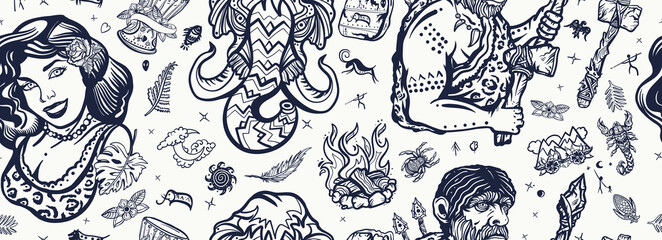 Stone age seamless pattern. Old school tattoo vector style. Cave man neanderthal, hunting mammoth, prehistoric woman. Neolithic and epipaleolithic people background. Homo sapiens evolution art