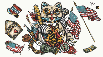 Unlucky lucky cat. Crazy time, great economic crisis, global epidemic. 2020 concept. Protests in the United States. Old school color tattoo graphic elements