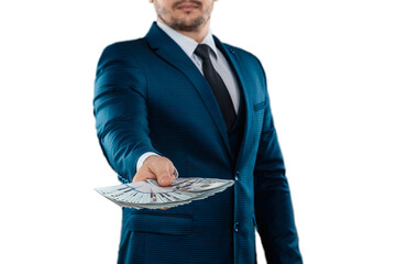 Man, businessman in a business suit holds dollars in his hands isolated on a white background. The...