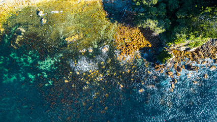 Aerial view on a rocky ocean coast. Coromandel, New Zealand.