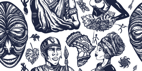 Africa horizontal seamless pattern. African woman in traditional turban, maasai warrior, tribal mask, map. Ethnic afro girl and black tribe man. Tradition and culture background. Tattoo style