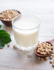 Soy milk and soy on the table
