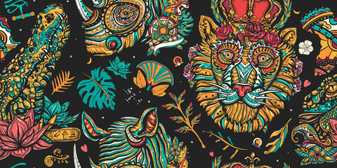 African wild animals portrait. Royal lion, evil crocodile and romantic rhino. Safari in Africa. Seamless pattern. Old school tattoo vector background. Zoo background. Traditional tattooing style